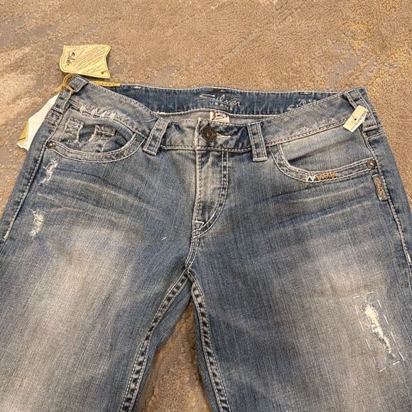Silver Aiko flare original fit Distressed Jeans- NWT- size 30 x 31 chunky stitch - Picture 2 of 12